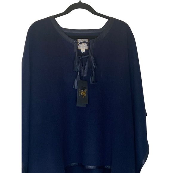 Stick & Ball Navy Blue Baby Alpaca Lambskin Leather Trimmed Poncho NWT $425.00 - Picture 14 of 15